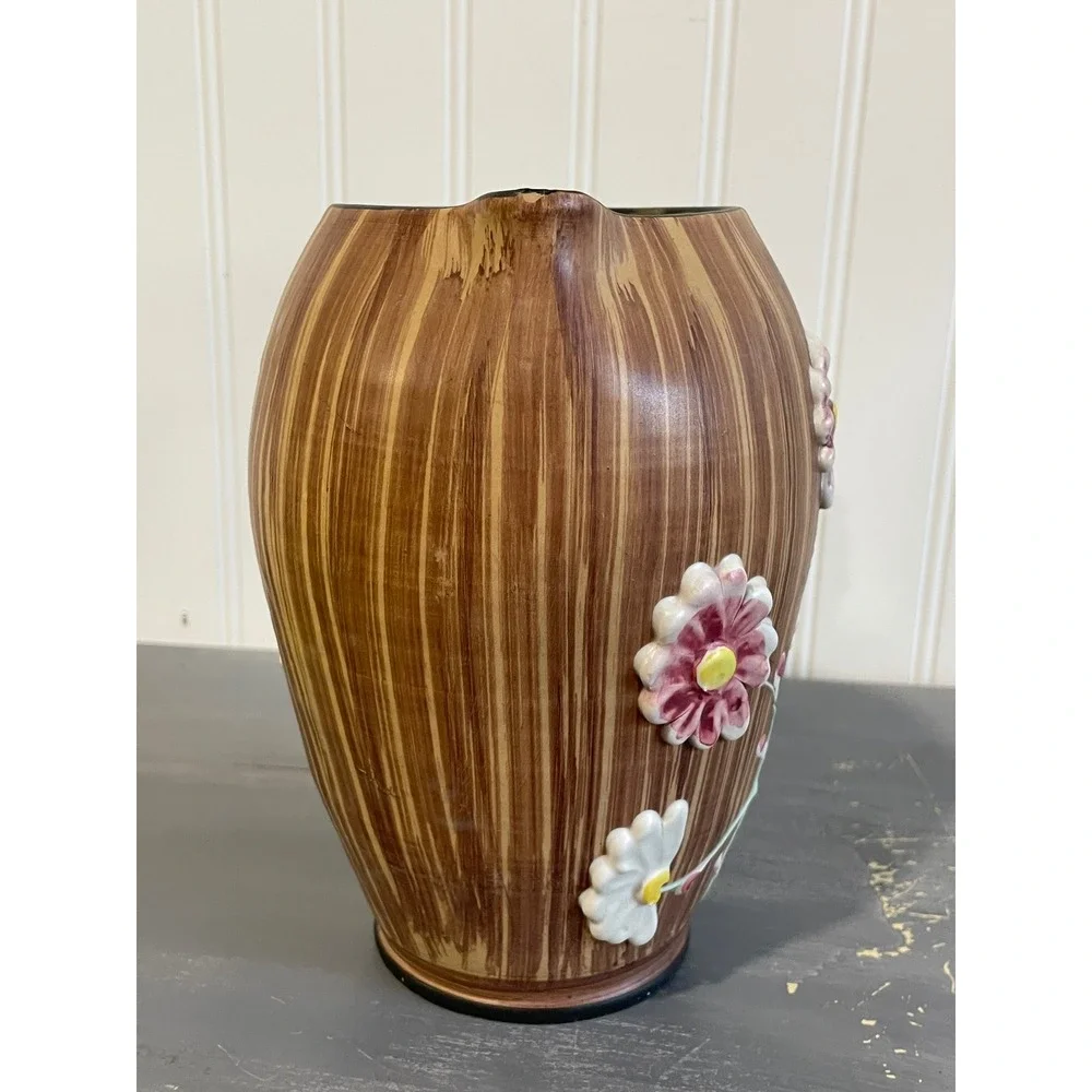 Vintage Hand Painted Italy Ceramic Floral Pitcher Brown‎ Wood Grain 3D Daisy Jug